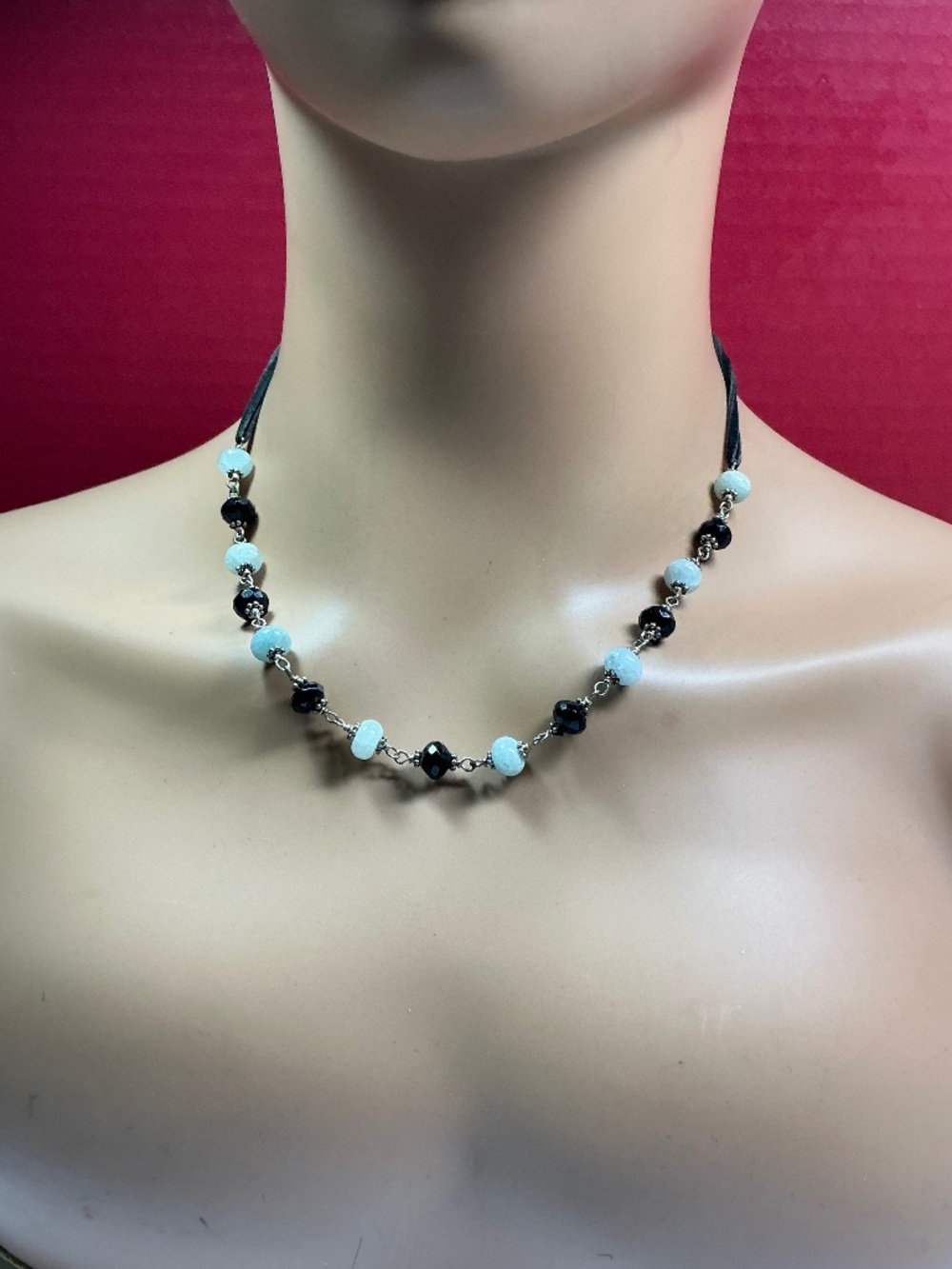 Sterling Silver Beaded Necklace with multi materials. 16.75 to 18.75”